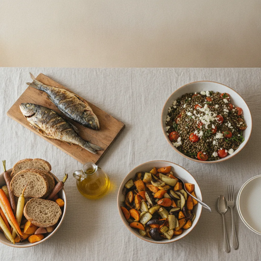 Table méditerranéenne composée de salade de lentilles, légumes, poisson grillé, huile d'olive et pain complet