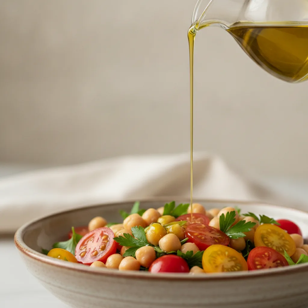 Filet d'huile d'olive versé sur une salade de pois chiches et de tomates