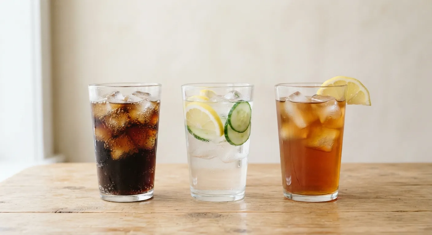 Trois boissons du quotidien alignées : un soda, une eau aromatisée au citron et un thé glacé non sucré