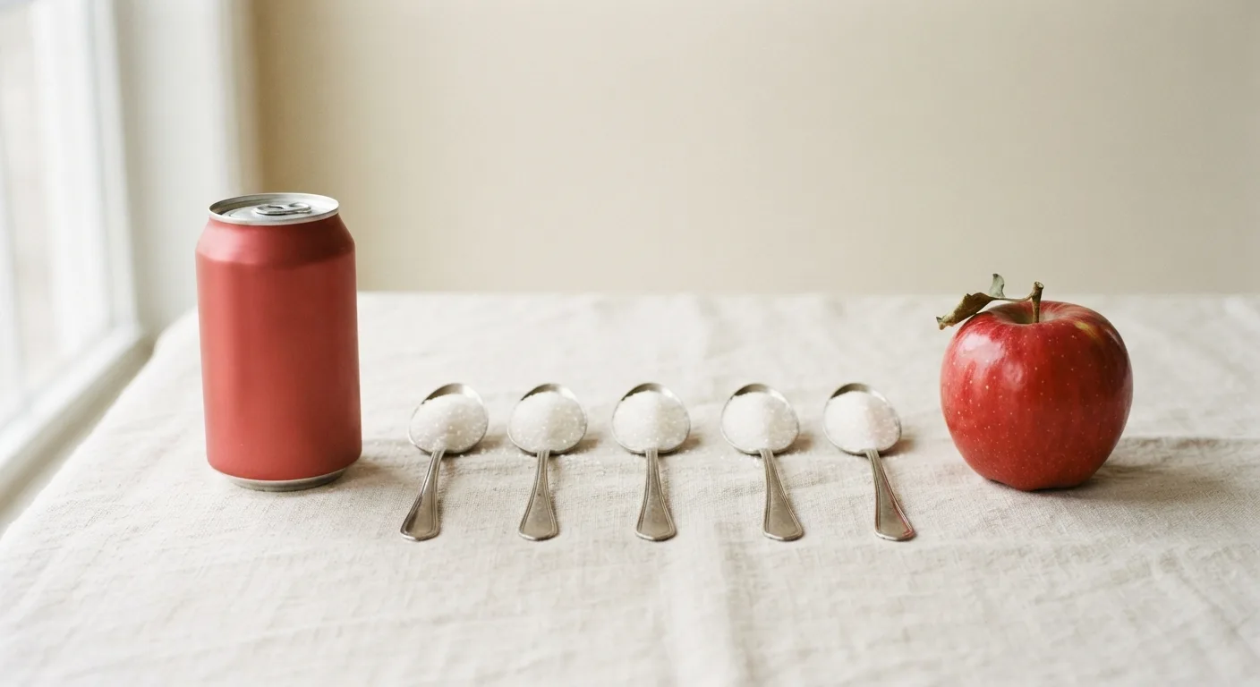 Une canette de soda posée à côté de plusieurs cuillères de sucre et d'une pomme entière, illustrant la différence entre sucre ajouté et sucre d'un fruit